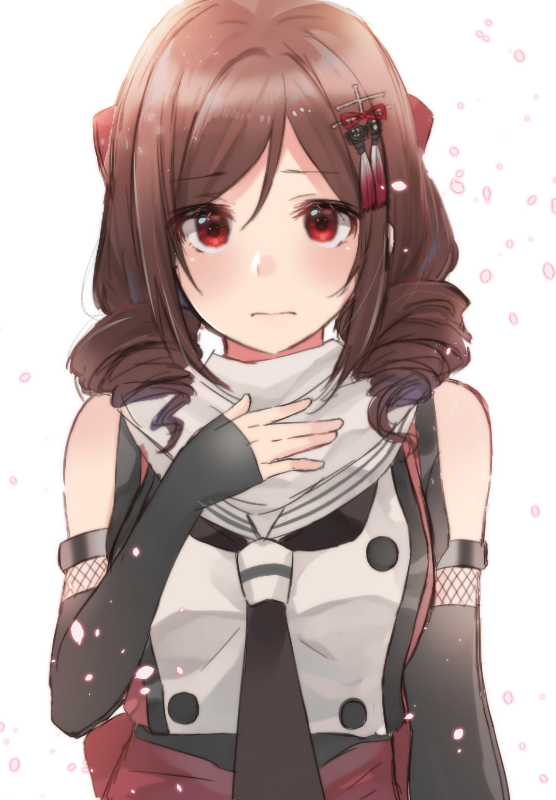 1girl, black_gloves, bow, brown_hair, cherry_blossoms, closed_mouth, cosplay, drill_hair