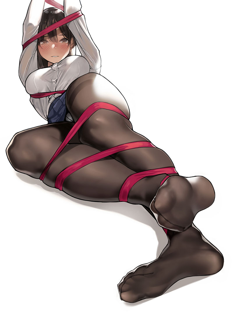 1girl, arms_up, bad_perspective, bangs, black_legwear, blue_skirt, blush, bound