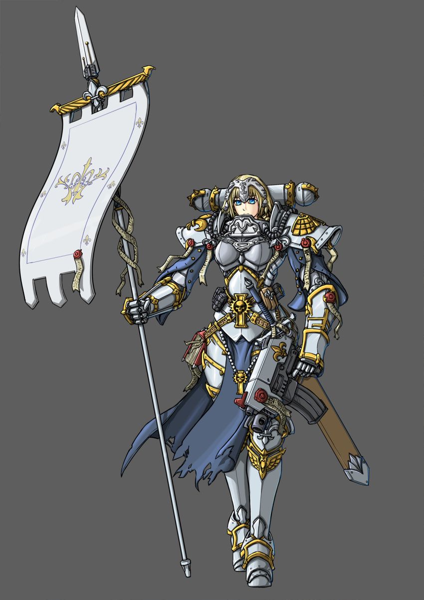 1girl, adepta_sororitas, armor, blonde_hair, blue_eyes, bolt_pistol, book, explosive