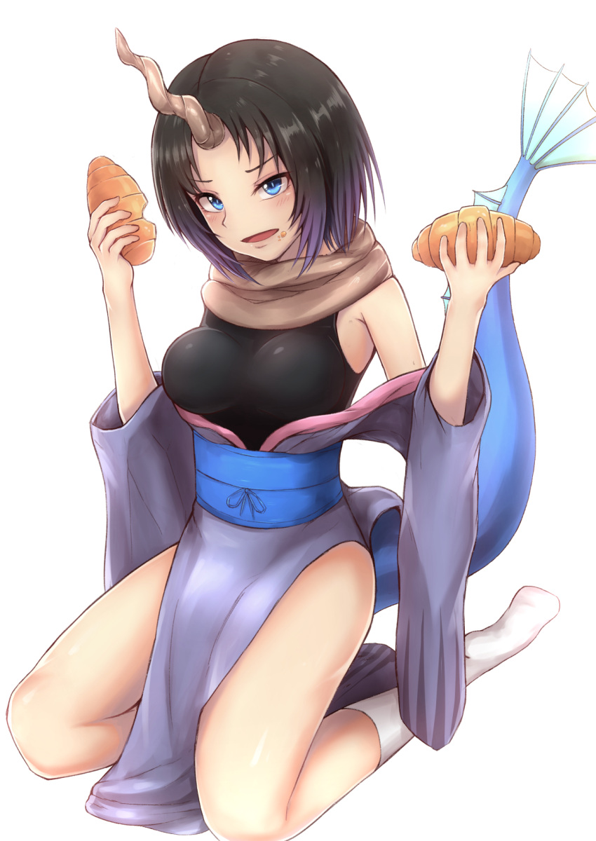 1girl, achiv, bare_legs, black_hair, blue_eyes, blush, breasts, dragon_girl, dragon_tail, eating, elma_(maidragon), food, gradient_hair, highres, horn, japanese_clothes, kimono, kobayashi-san_chi_no_maidragon, large_breasts, looking_at_viewer, multicolored_hair, obi, off_shoulder, pelvic_curtain, purple_hair, sash, seiza, short_hair, sitting, solo, tail