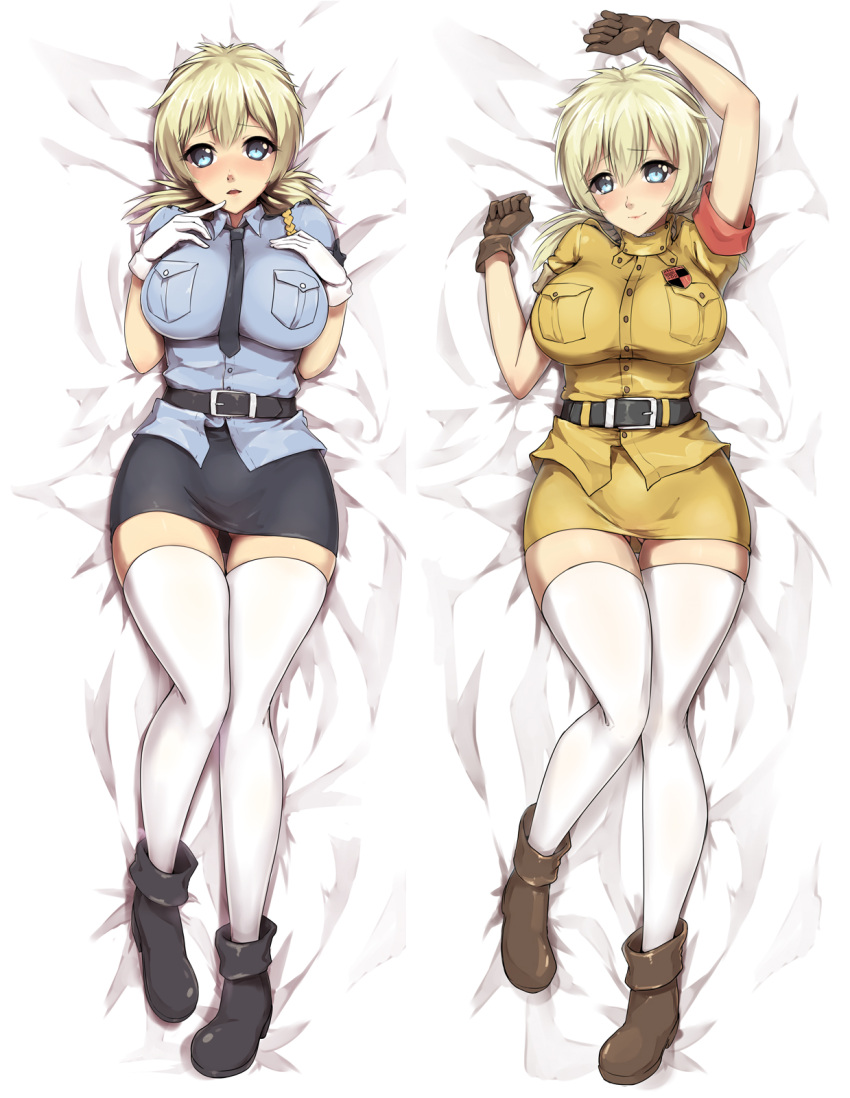 1girl, bangs, bed_sheet, belt, black_footwear, blonde_hair, blue_shirt, blue_skirt