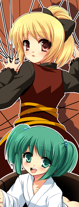 ass, blonde_hair, brown_eyes, bucket, green_eyes, green_hair, hair_bobbles, hair_ornament