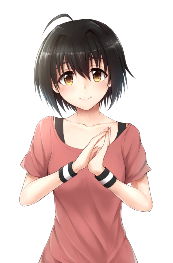 1girl, achiv, ahoge, black_hair, blush, brown_eyes, collarbone, hair_intakes
