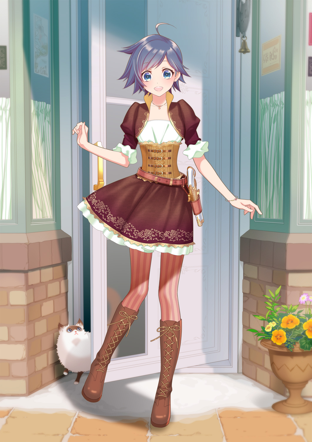 1girl, ahoge, bell, belt, blue_eyes, blue_hair, boots, bracelet, cat, contrapposto, cross-laced_footwear, curtains, day, dress, floral_print, flower, gun, hand_up, handgun, highres, holster, holstered_weapon, jewelry, knee_boots, layered_dress, looking_at_viewer, necklace, nno_(nocturnal_blue), open_door, open_mouth, original, outdoors, pantyhose, purple_skirt, sett, short_hair, skirt, snow, solo, standing, standing_on_one_leg, steampunk, storefront, striped, striped_legwear, underbust, vase, weapon