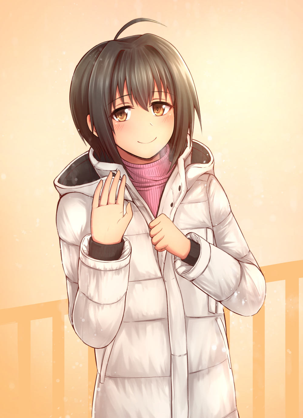 1girl, achiv, ahoge, black_hair, blush, brown_eyes, coat, highres