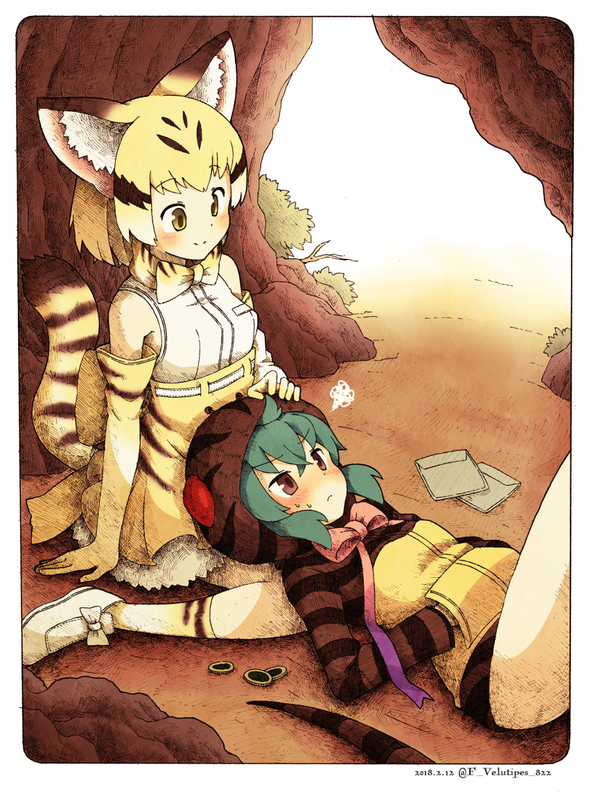 2girls, absurdres, animal_ears, bare_legs, bare_shoulders, blue_hair, blush, border