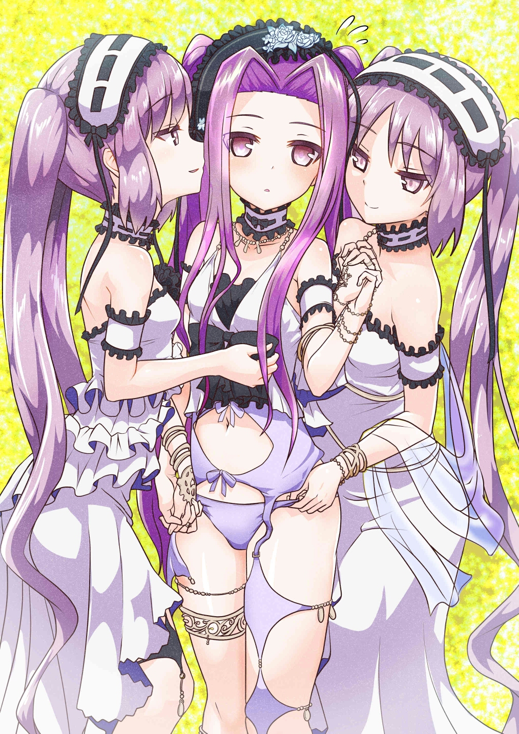 3girls, bangs, black_bow, bow, breasts, choker, closed_mouth, collarbone, commentary_request, dress, euryale, eyebrows_visible_through_hair, fate/grand_order, fate/hollow_ataraxia, fate_(series), frilled_choker, frills, girl_sandwich, hairband, hand_holding, highres, interlocked_fingers, jewelry, lolita_hairband, long_hair, medusa_(lancer)_(fate), multiple_girls, navel, panties, parted_lips, pink_choker, pink_eyes, profile, purple_hair, purple_panties, rider, ring, robisonjr, sandwiched, small_breasts, smile, stheno, strapless, strapless_dress, twintails, underwear, very_long_hair, violet_eyes, white_dress, yuri