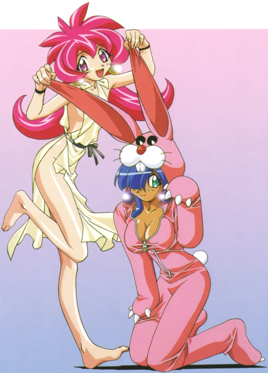 2girls, 90s, barefoot, blue_hair, breasts, bunnysuit, cacao_(lamune), cleavage