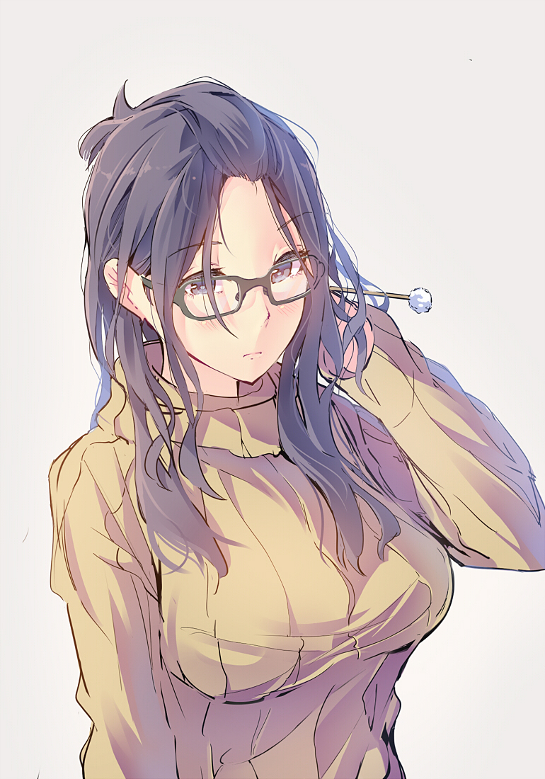 1girl, black-framed_eyewear, black_eyes, black_hair, breasts, character_request, commentary_request, cotton_swab