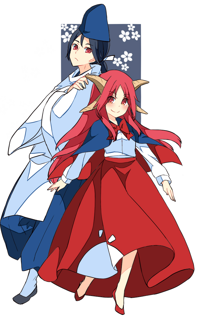 1boy, 1girl, black_hair, bow, cape, crossed_arms, hat, haya_taro_pochi