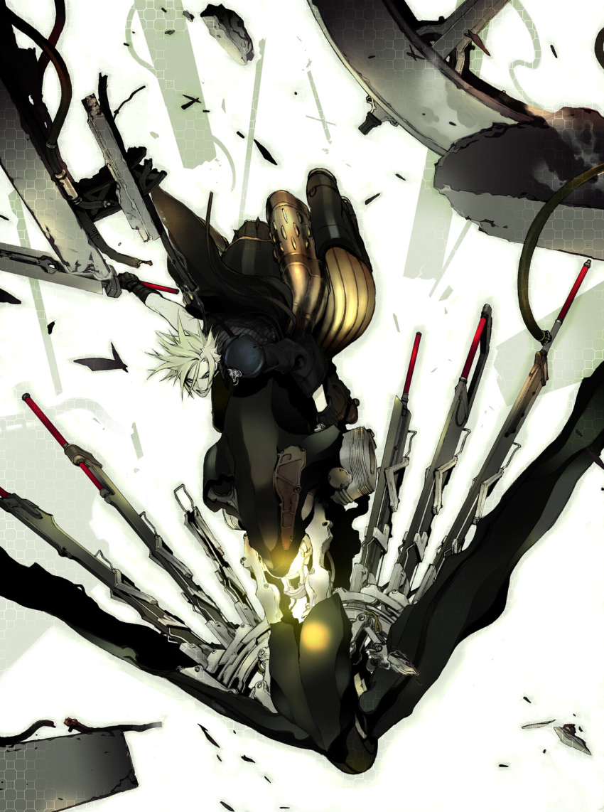 debris, fenrir_(vehicle), final_fantasy, final_fantasy_vii, final_fantasy_vii_advent_children, highres, miwa_shirou, miwa_shirow, motor_vehicle, motorcycle, solo, sword, vehicle, weapon