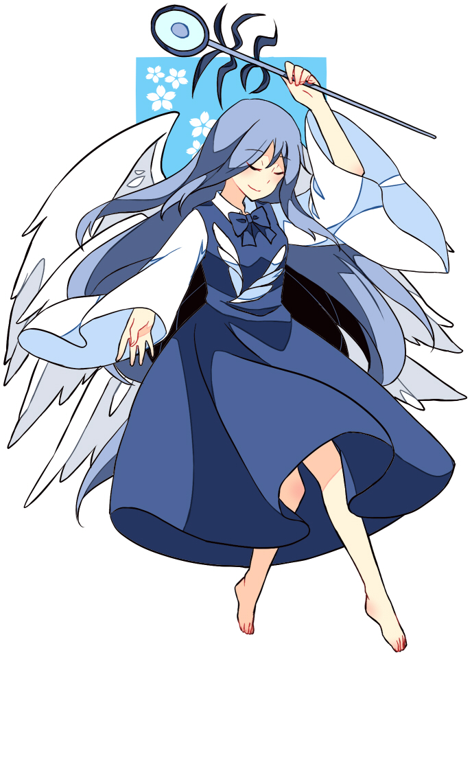 1girl, angel_wings, barefoot, blue_hair, closed_eyes, dress, haya_taro_pochi, multiple_wings