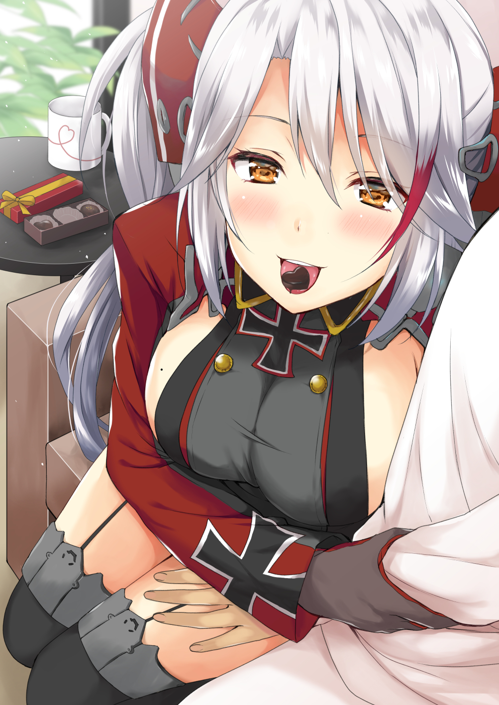 1boy, 1girl, :d, admiral_(azur_lane), azur_lane, black_legwear, box, breasts
