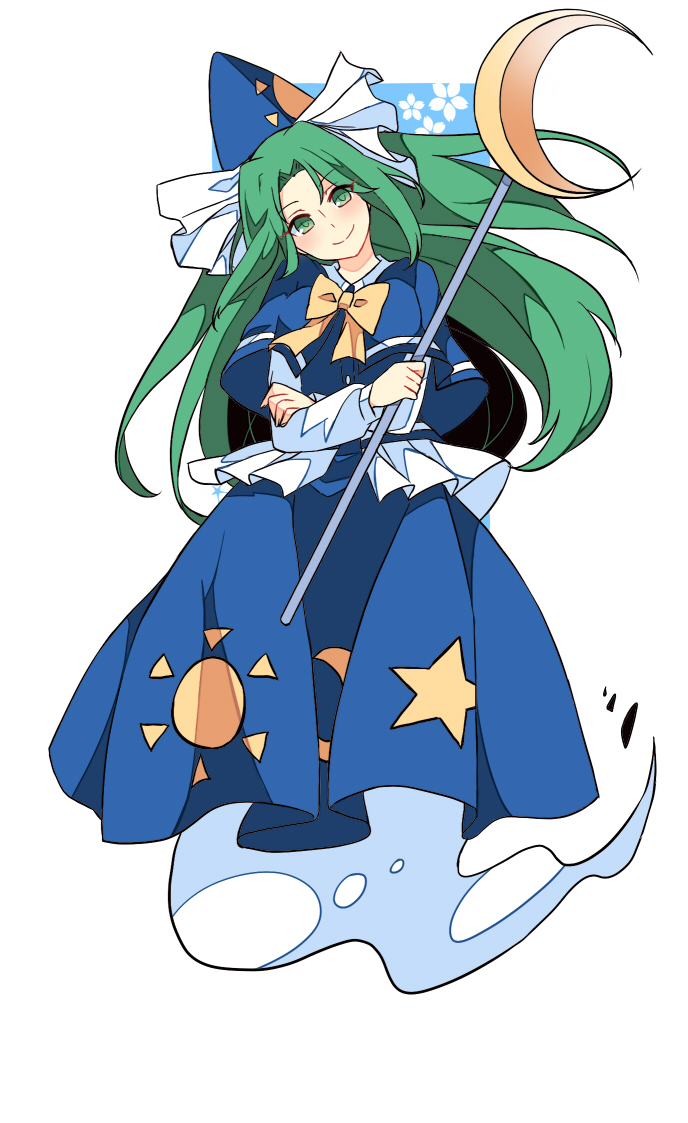 1girl, capelet, crescent, ghost_tail, green_eyes, green_hair, hat, haya_taro_pochi