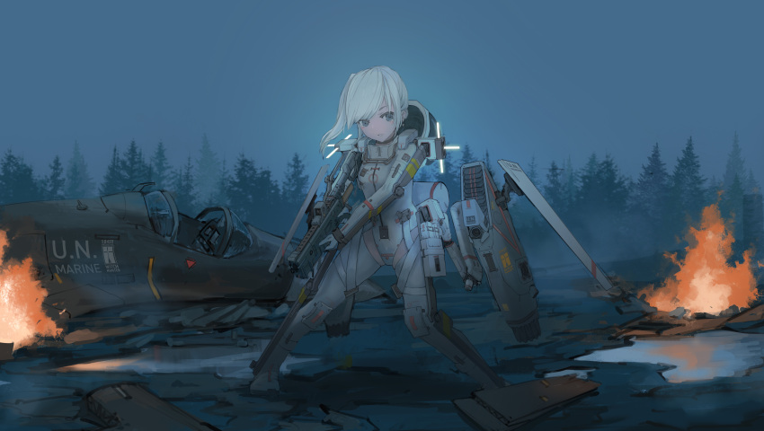 1girl, absurdres, aegisfate, blue_eyes, bodysuit, crash, crash_landing, exoskeleton