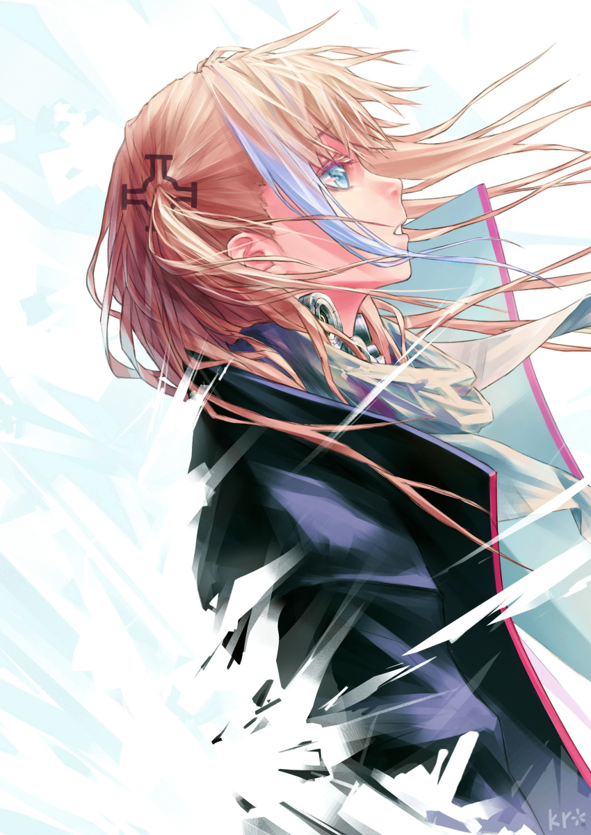1girl, absurdres, bangs, blue_eyes, dress, eyebrows_visible_through_hair, floating_hair, fractal