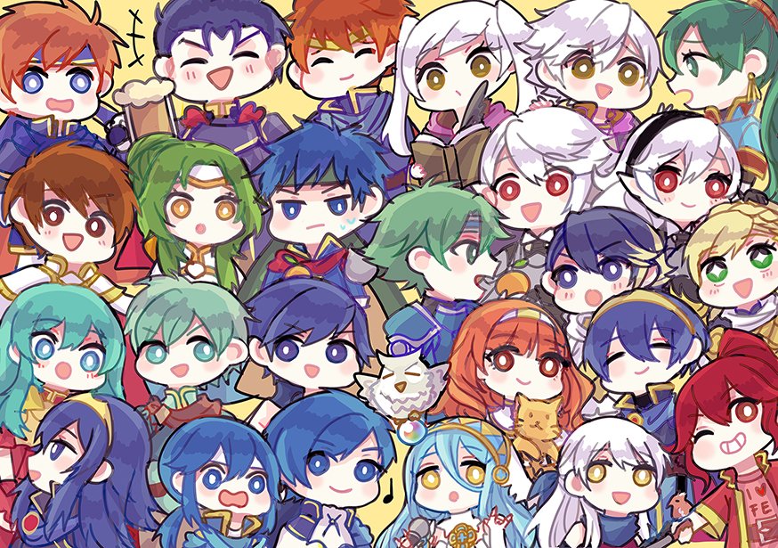 alfonse_(fire_emblem), alm_(fire_emblem), anklet, anna_(fire_emblem), aqua_(fire_emblem_if), aqua_hair, armor, bird, blonde_hair, blue_eyes, blue_hair, blue_scarf, blush, cape, celica_(fire_emblem), celice_(fire_emblem), dress, eirika, elbow_gloves, elincia_ridell_crimea, eliwood_(fire_emblem), ephraim, faithoala, feh_(fire_emblem_heroes), female_my_unit_(fire_emblem:_kakusei), female_my_unit_(fire_emblem_if), fingerless_gloves, fire_emblem, fire_emblem:_akatsuki_no_megami, fire_emblem:_fuuin_no_tsurugi, fire_emblem:_kakusei, fire_emblem:_mystery_of_the_emblem, fire_emblem:_seima_no_kouseki, fire_emblem:_seisen_no_keifu, fire_emblem:_souen_no_kiseki, fire_emblem_echoes:_mou_hitori_no_eiyuuou, fire_emblem_heroes, fire_emblem_if, gloves, green_hair, hair_between_eyes, headband, hector_(fire_emblem), ike, jewelry, krom, long_hair, looking_at_viewer, lucina, male_my_unit_(fire_emblem:_kakusei), male_my_unit_(fire_emblem_if), mamkute, marth, micaiah, microphone, multiple_boys, multiple_girls, musical_note, my_unit_(fire_emblem:_kakusei), my_unit_(fire_emblem_if), open_mouth, owl, ponytail, red_eyes, redhead, robe, roy_(fire_emblem), scarf, sharena, short_hair, sigurd_(fire_emblem), silver_hair, smile, tiara, twintails, veil, violet_eyes, yellow_eyes