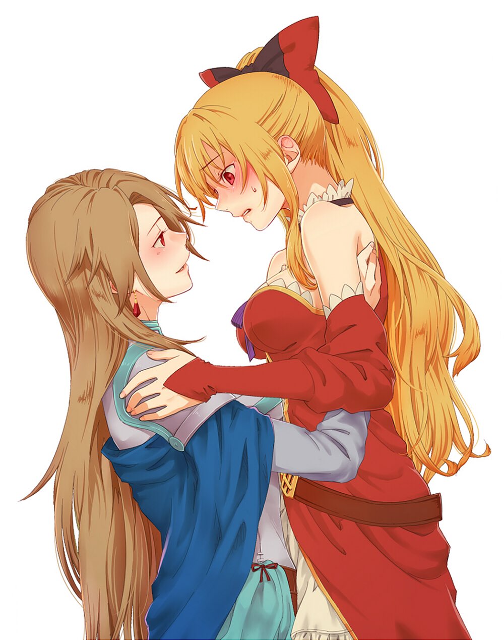 2girls, bare_shoulders, blonde_hair, blush, breasts, character_request, detached_sleeves, earrings