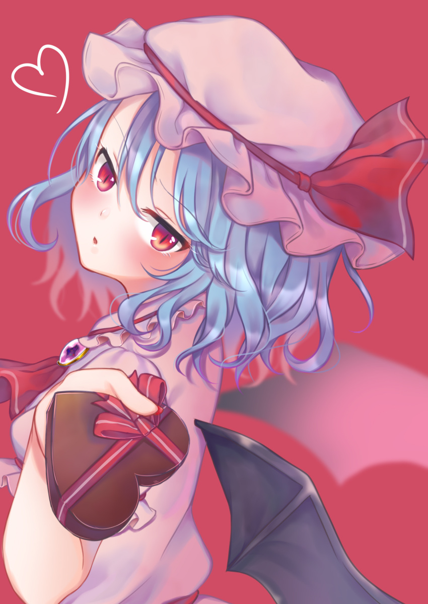 1girl, :o, absurdres, ascot, bangs, bat_wings, black_wings, blue_hair, blurry, blush, brooch, chocolate, chocolate_heart, depth_of_field, dress, fingernails, food, frilled_shirt_collar, frills, from_side, gem, hat, hat_ribbon, head_tilt, heart, highres, holding, holding_food, jewelry, long_fingernails, looking_at_viewer, looking_to_the_side, mob_cap, nail_polish, open_mouth, pink_dress, pink_hat, puffy_short_sleeves, puffy_sleeves, red_eyes, red_nails, red_neckwear, red_ribbon, remilia_scarlet, ribbon, rnkgmn, short_hair, short_sleeves, solo, touhou, upper_body, valentine, wings