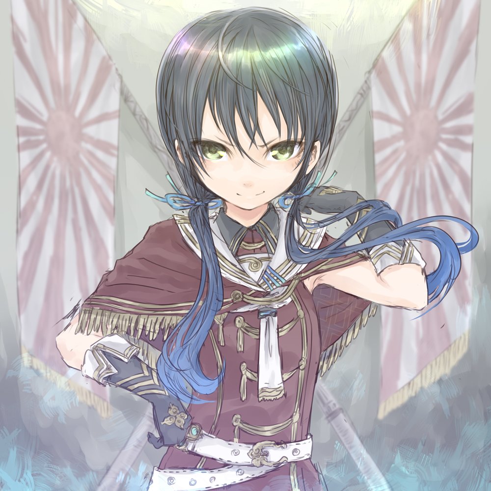 1girl, alternate_costume, belt, black_gloves, black_hair, blue_hair, blue_ribbon, capelet