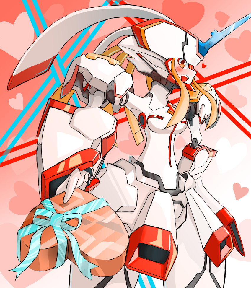 absurdres, blush, darling_in_the_franxx, highres, holding, mecha, mentos_(rundymentos), robot, strelizia, valentine