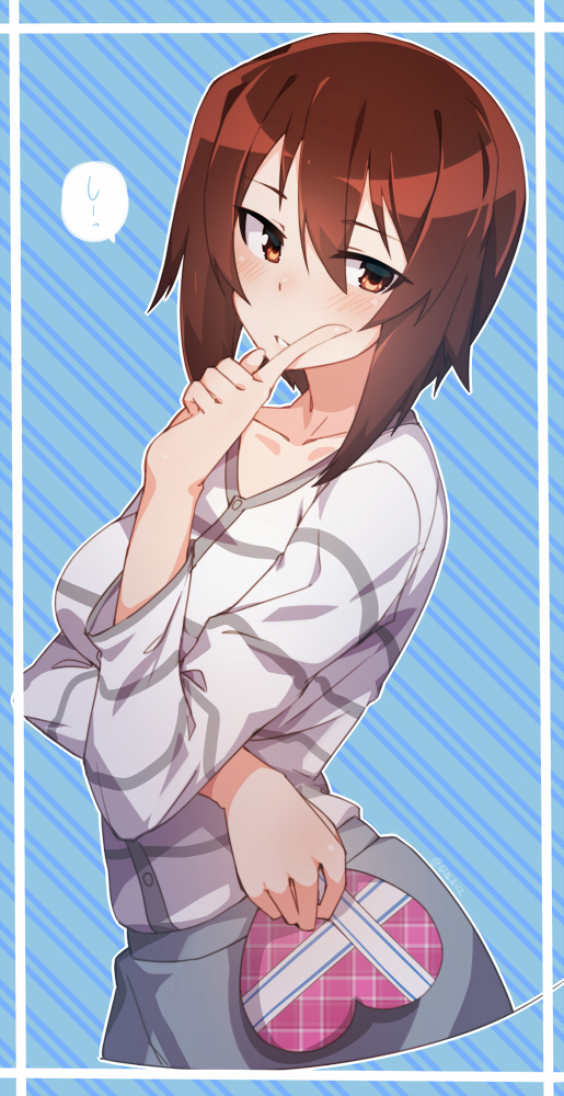 1girl, blue_background, blush, box, breasts, brown_eyes, brown_hair, buttons