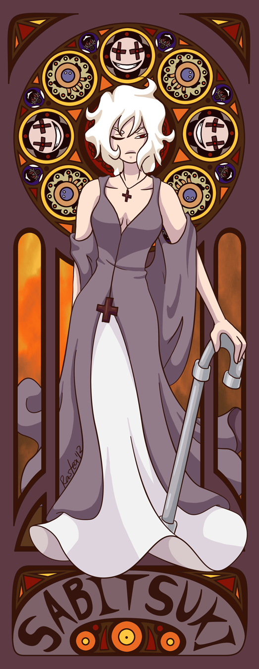 .flow, alternate_costume, art_nouveau, breasts, cameo, cleaner_(.flow), cleavage, color_connection, cross, highres, lead_pipe, left-handed, messy_hair, one_eye_closed, oreko, rastear, sabitsuki, shirt, sleeveless, sleeveless_shirt, smile_(.flow)