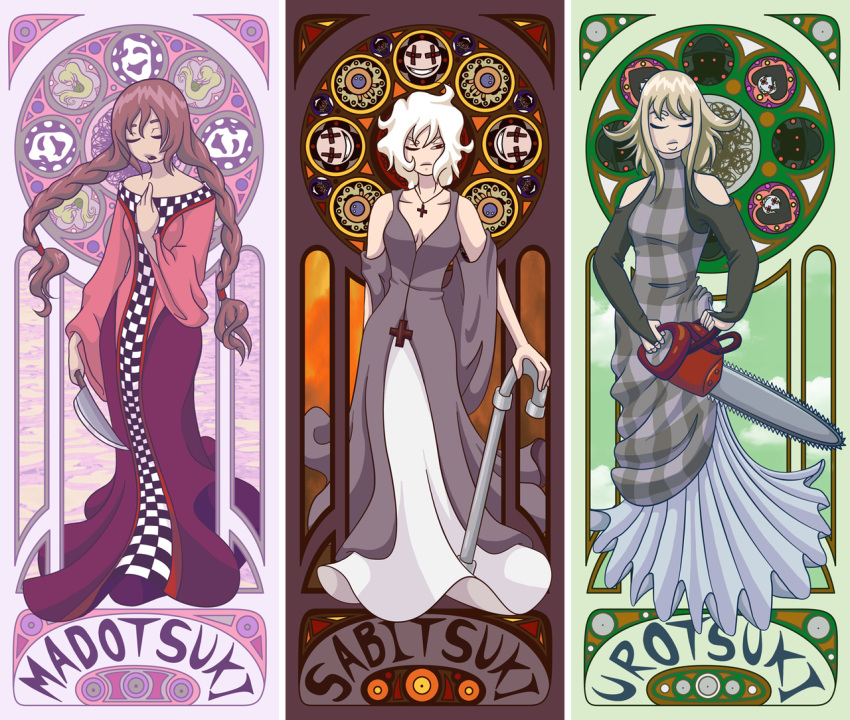 .flow, alternate_costume, art_nouveau, blonde_hair, braid, breasts, cameo, chainsaw