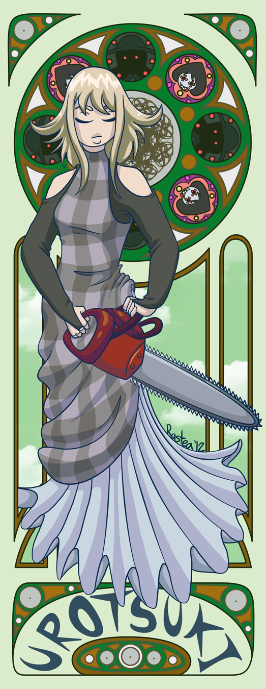 alternate_costume, aojiru_(yume_2kki), art_nouveau, blonde_hair, chainsaw, color_connection, highres, rastear
