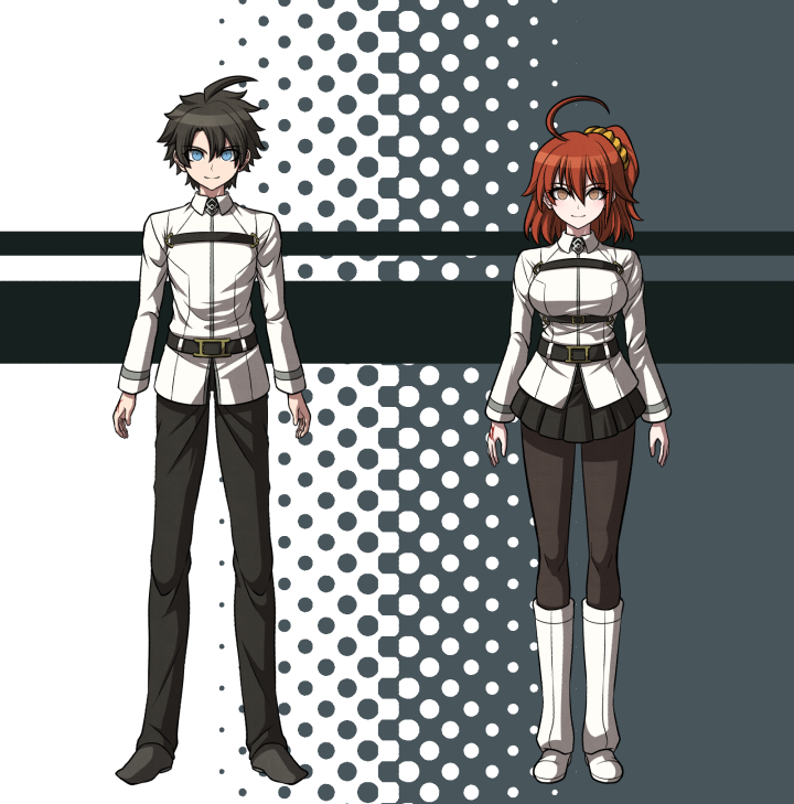 1boy, 1girl, ahoge, belt, black_hair, black_pants, black_skirt, blue_eyes