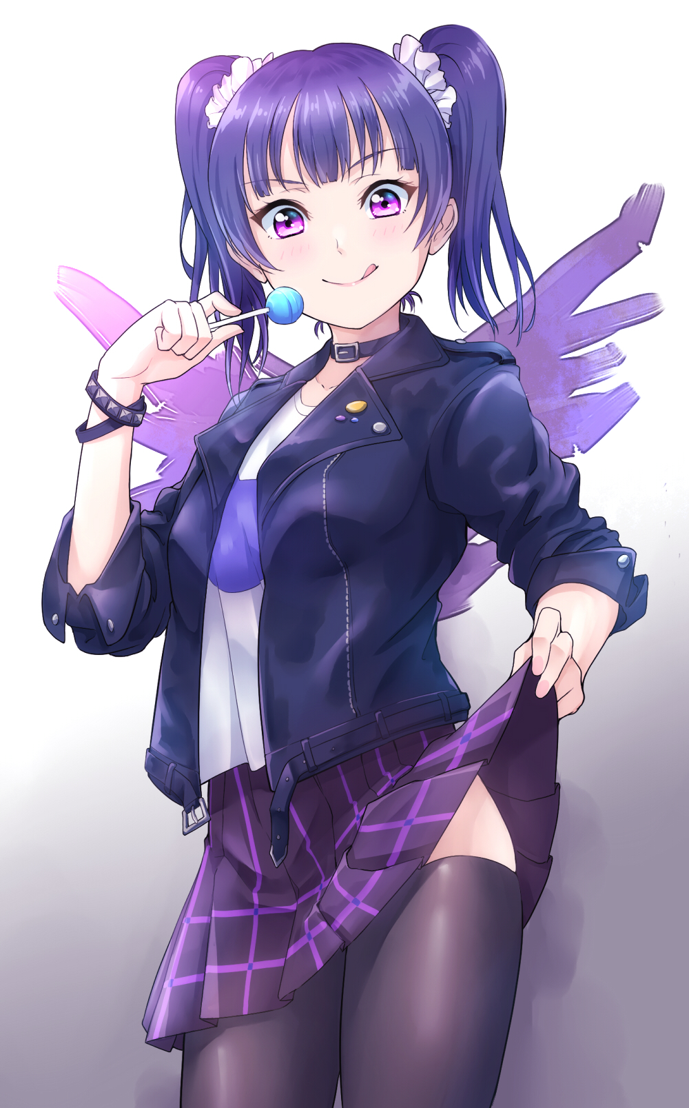 >:p, 1girl, alternate_hairstyle, bangs, black_legwear, blue_hair, candy, collar
