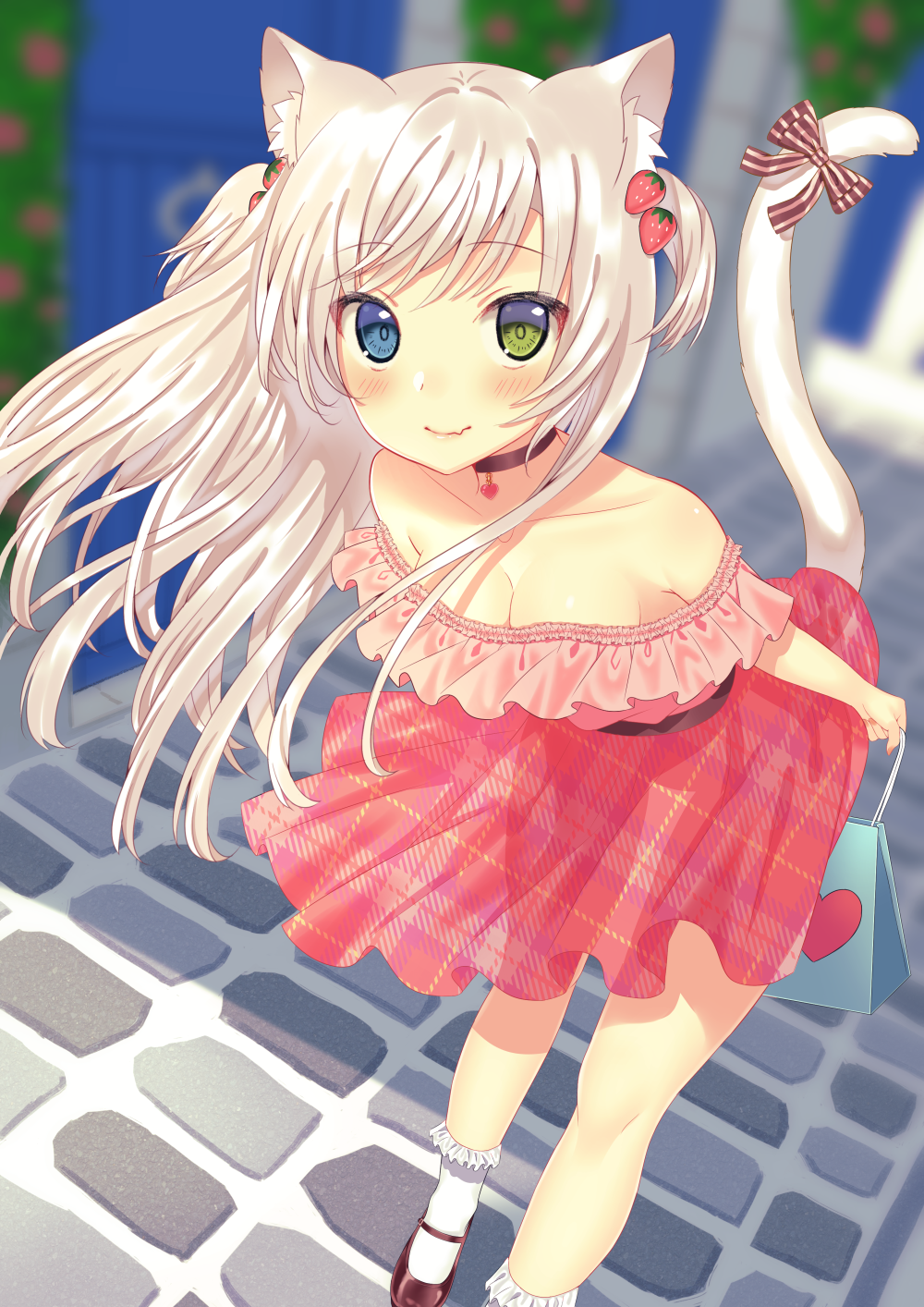 1girl, animal_ears, bag, bare_shoulders, blue_eyes, blurry, blush, bow