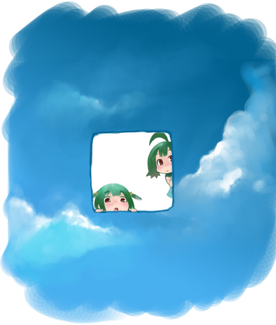 ahoge, child, cloud, clouds, green_hair, oohara_kyuutarou, peek, peeking_out