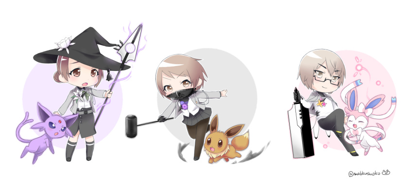 1boy, 2girls, brown_eyes, brown_hair, caligula_(game), commentary_request, do_m_kaeru, eevee