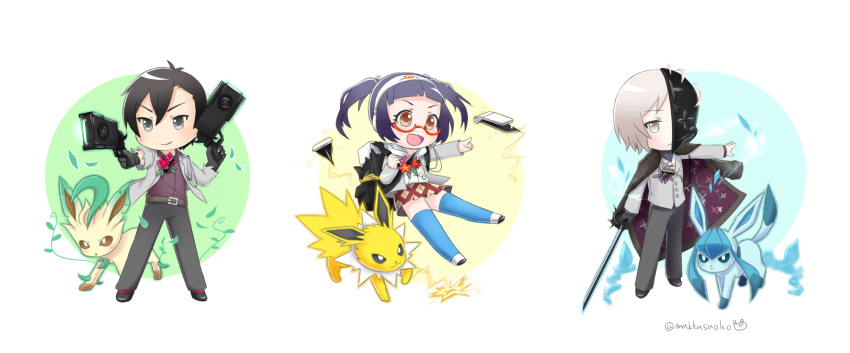 1girl, 2boys, black_hair, brown_hair, caligula_(game), cape, commentary_request, do_m_kaeru