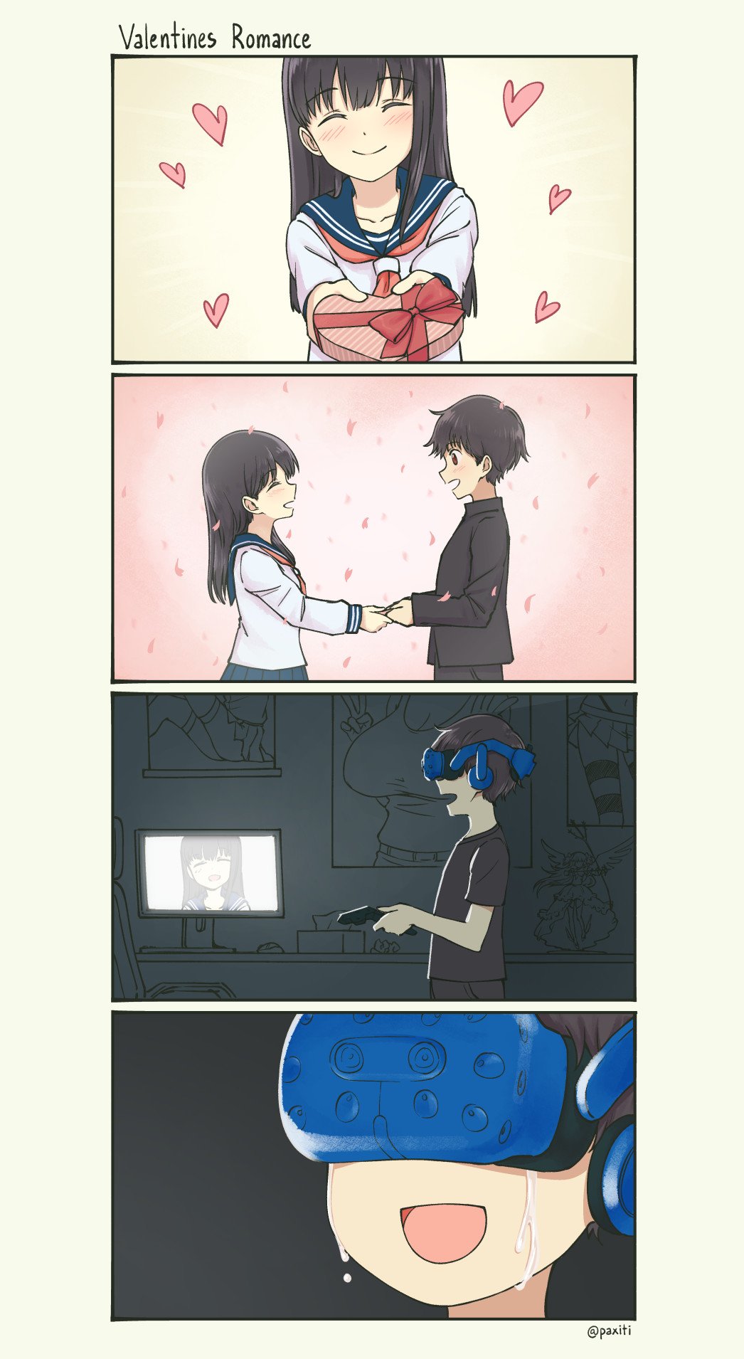 1boy, 1girl, 4koma, :d, ^_^, ^o^, bangs, black_hair, black_pants, black_shirt, blue_skirt, brown_eyes, chair, cherry_blossoms, closed_eyes, comic, commentary, computer_mouse, crying, english, english_commentary, eyebrows_visible_through_hair, falling_petals, figure, from_side, gakuran, gift, goddess_madoka, heart, heart-shaped_box, highres, holding, htc_vive, indoors, kaname_madoka, kantai_collection, long_hair, long_sleeves, looking_at_another, mahou_shoujo_madoka_magica, monitor, neckerchief, open_mouth, original, pants, pas_(paxiti), petals, pleated_skirt, poster_(object), red_neckwear, red_ribbon, ribbon, school_uniform, screen_light, serafuku, shimakaze_(kantai_collection), shirt, short_sleeves, skirt, smile, standing, straight_hair, striped, tissue_box, twitter_username, valentine, virtual_reality, vr_visor