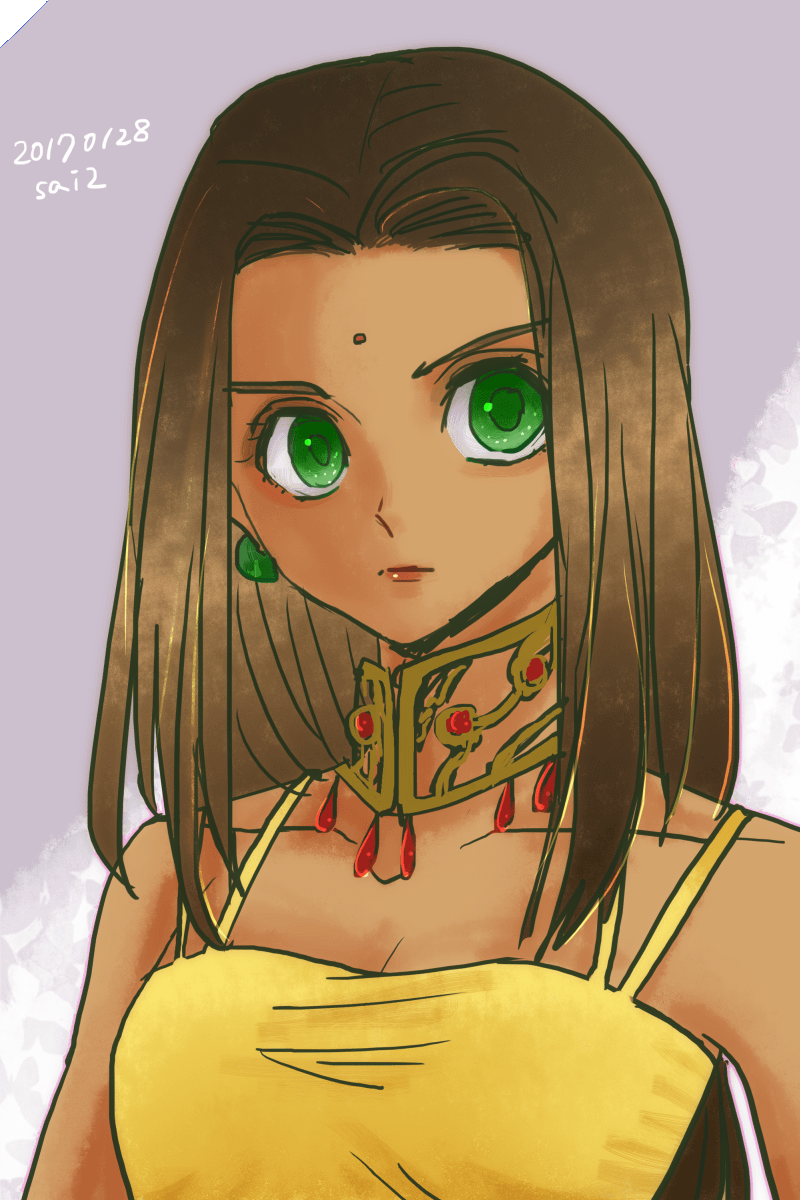 1girl, arc_the_lad, arc_the_lad_ii, bare_shoulders, breasts, brown_hair, choker, cleavage, commentary_request, dark_skin, dress, facepaint, facial_mark, green_eyes, highres, long_hair, looking_at_viewer, medium_breasts, sania_(arc_the_lad), solo, upper_body, yadoso