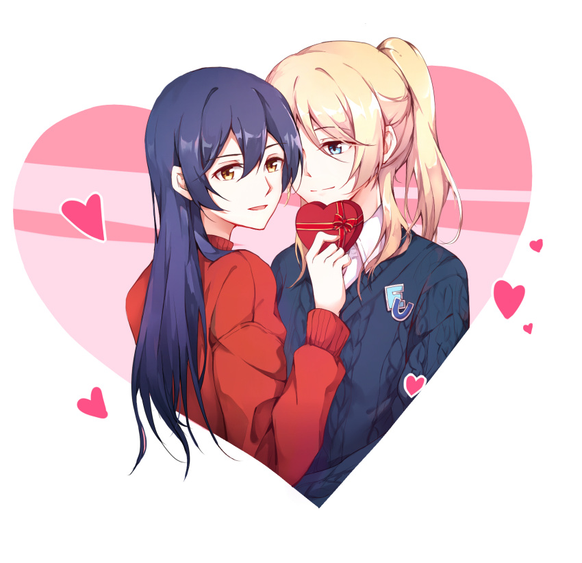 2girls, ayase_eli, bangs, blonde_hair, blue_eyes, blue_hair, closed_mouth, commentary, eyebrows_visible_through_hair, gemi_25, hair_between_eyes, heart, heart-shaped_box, highres, holding, long_hair, looking_at_another, looking_at_viewer, love_live!, love_live!_school_idol_project, multiple_girls, open_mouth, smile, sonoda_umi, upper_body, yellow_eyes