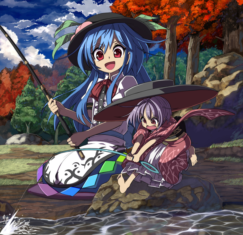 2girls, barefoot, blouse, blue_hair, blue_sky, bow, bowl, bowl_hat