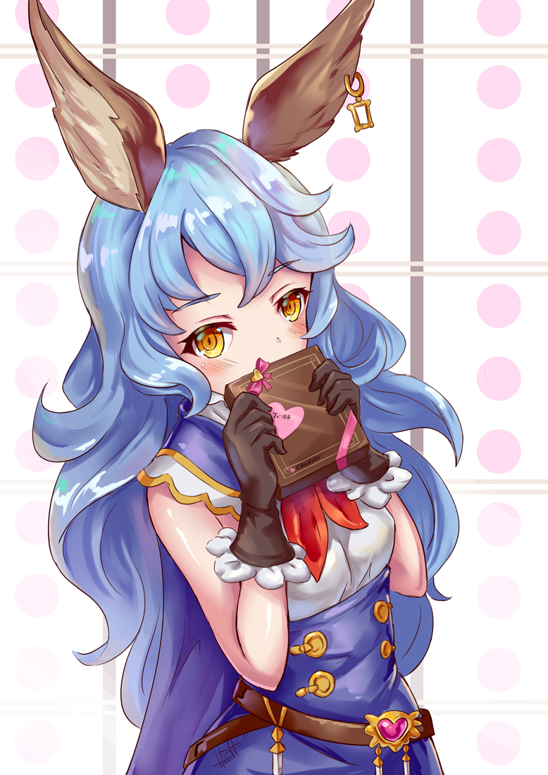 1girl, animal_ears, bare_shoulders, bell_(angelicalary), belt, black_gloves, blue_hair, blue_skirt