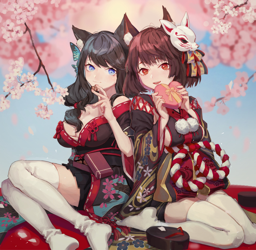 2girls, :d, akabane_yu, animal_ears, azur_lane, bangs, black_footwear, black_hair