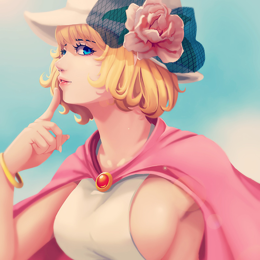 1girl, ari_rayoko, blonde_hair, blue_eyes, bracelet, breasts, cape, commentary, flower, hat, jewelry, large_breasts, lens_flare, lips, looking_at_viewer, one_piece, portrait, short_hair, sideboob, solo, stussy_(one_piece), upper_body