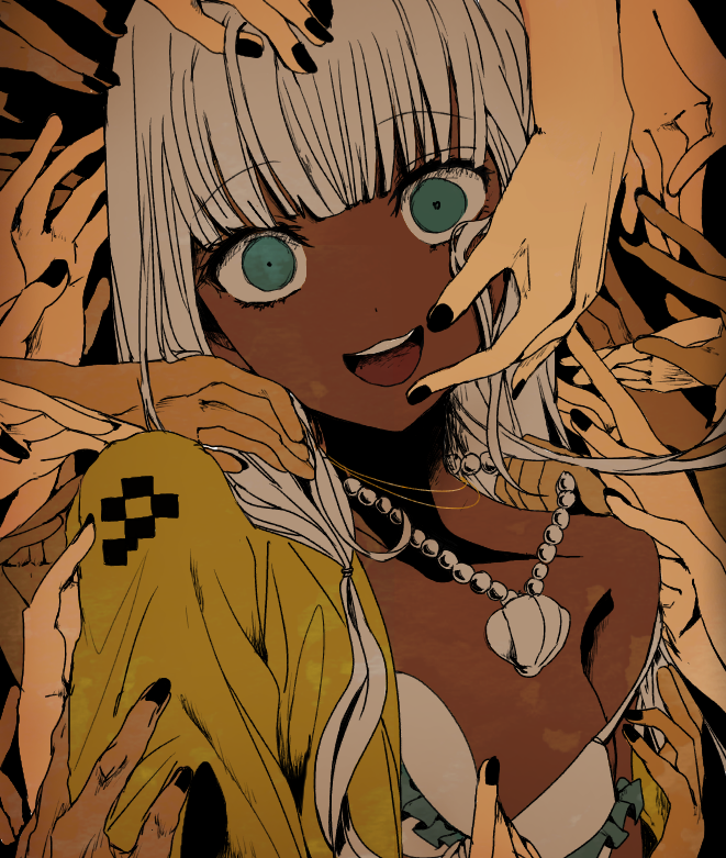 1girl, :d, ako_(td110349-7517), aqua_eyes, bangs, bikini, bikini_top, black_nails, blunt_bangs, crazy_eyes, dangan_ronpa, dark_skin, frilled_bikini, frills, hands, jacket, jewelry, long_hair, looking_at_viewer, nail_polish, necklace, new_dangan_ronpa_v3, off_shoulder, open_clothes, open_jacket, open_mouth, pearl_necklace, pendant, round_teeth, seashell, shell, single_bare_shoulder, smile, solo_focus, swimsuit, teeth, upper_body, upper_teeth, white_bikini, white_hair, yellow_jacket, yonaga_angie