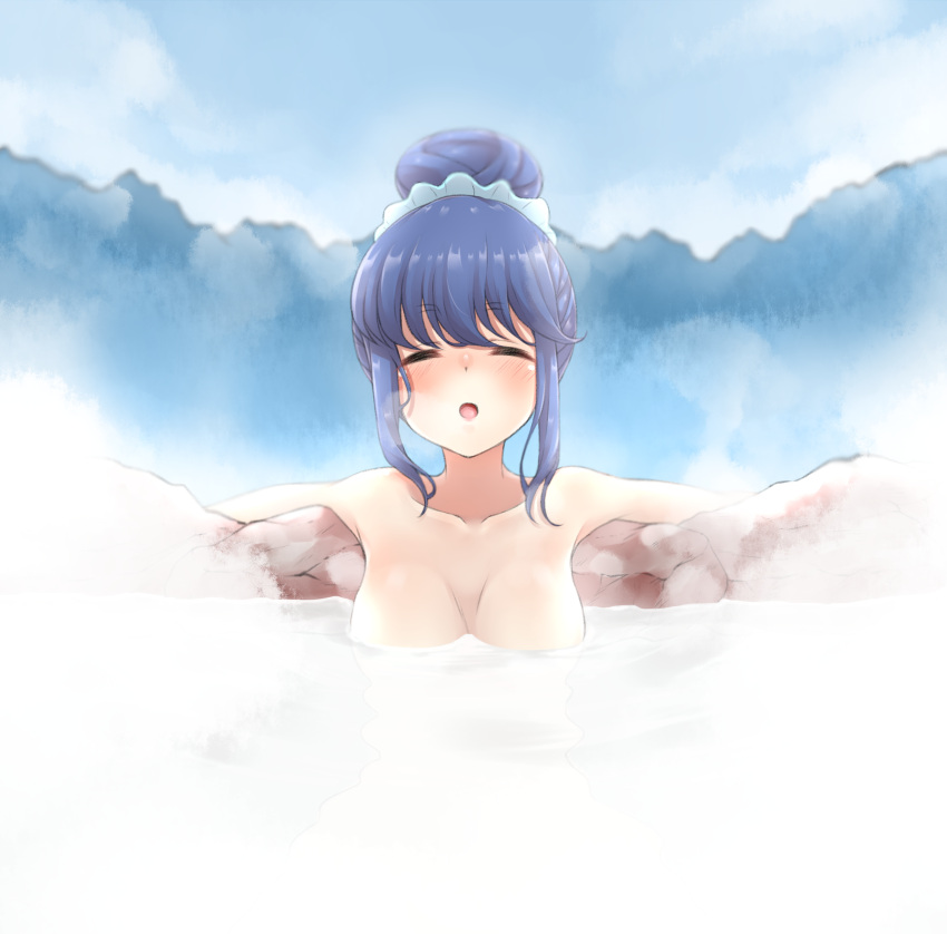 1girl, :o, absurdres, alternate_breast_size, blue_hair, blush, breasts, closed_eyes