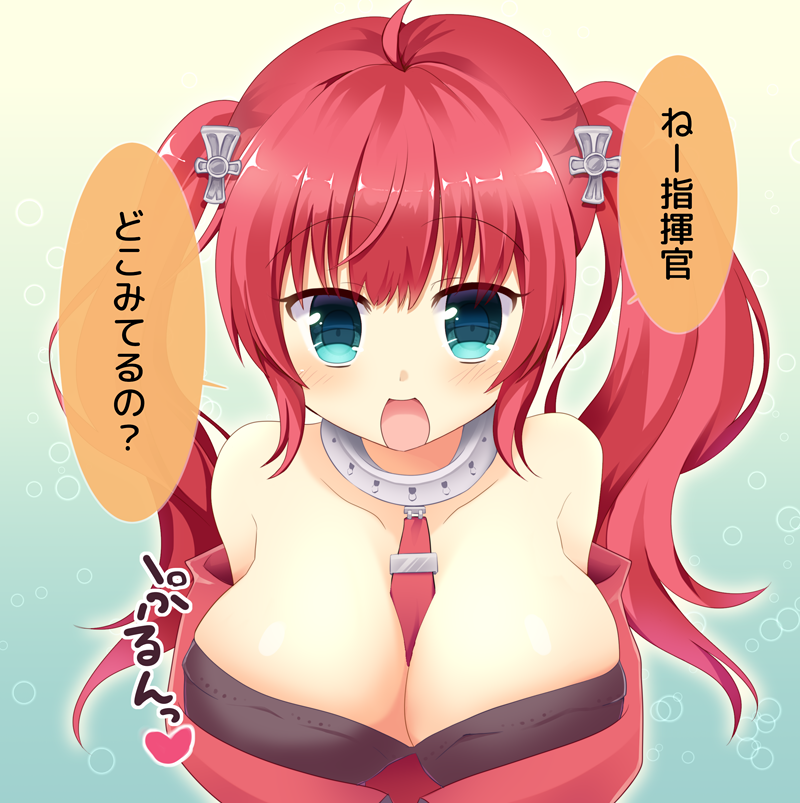1girl, ameno_ame, azur_lane, between_breasts, blue_eyes, breasts, cleavage, collar, collarbone, large_breasts, looking_at_viewer, necktie, necktie_between_breasts, open_mouth, redhead, san_diego_(azur_lane), simple_background, solo_focus, twintails