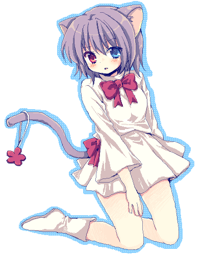 blue_eyes, blush, bowtie, cat_ears, cat_tail, heterochromia, kneeling, looking_at_viewer