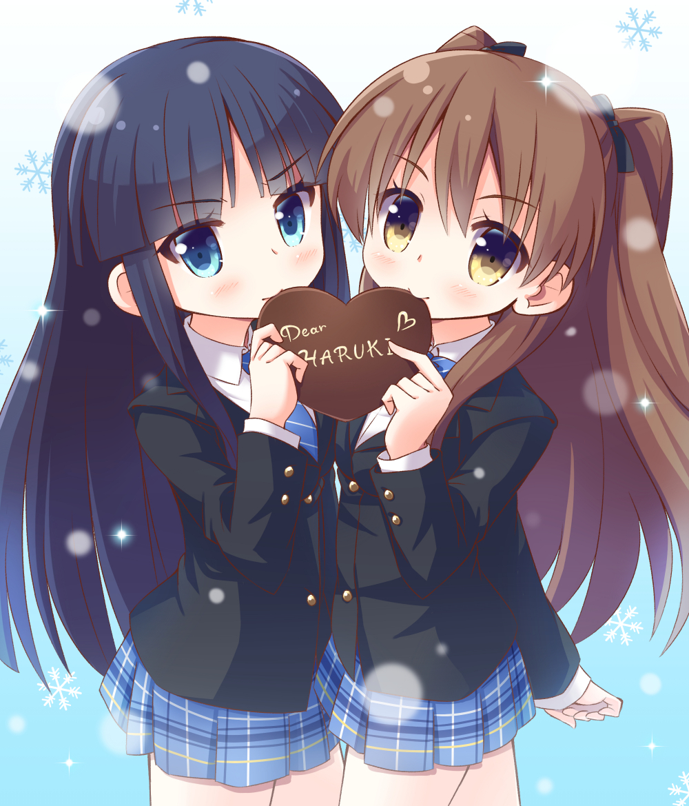 2girls, black_hair, blazer, blue_eyes, brown_eyes, brown_hair, chocolate, chocolate_heart