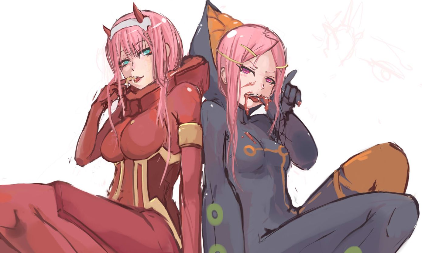 2girls, :p, anemone_(eureka_seven), blue_eyes, bodysuit, breasts, darling_in_the_franxx, eureka_seven