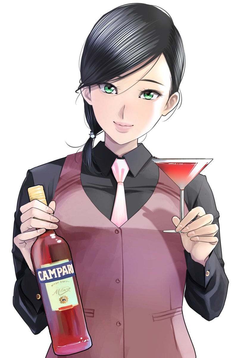 1girl, bartender, black_hair, campari, cocktail_glass, commentary_request, copyright_request, cup