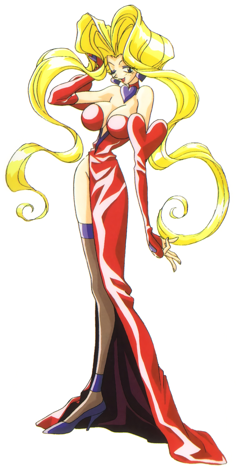 1girl, 90s, blonde_hair, blue_eyes, breasts, choker, cleavage, dress, earrings, fingerless_gloves, gloves, hand_to_head, heart, heart_choker, heart_earrings, high_heels, highres, jewelry, kotobuki_tsukasa, large_breasts, long_hair, looking_at_viewer, ng_knight_lamune_&amp;_40, official_art, open_mouth, pheromone_lip, pumps, red_dress, red_gloves, simple_background, solo, standing, strapless, strapless_dress, thigh-highs, very_long_hair, white_background